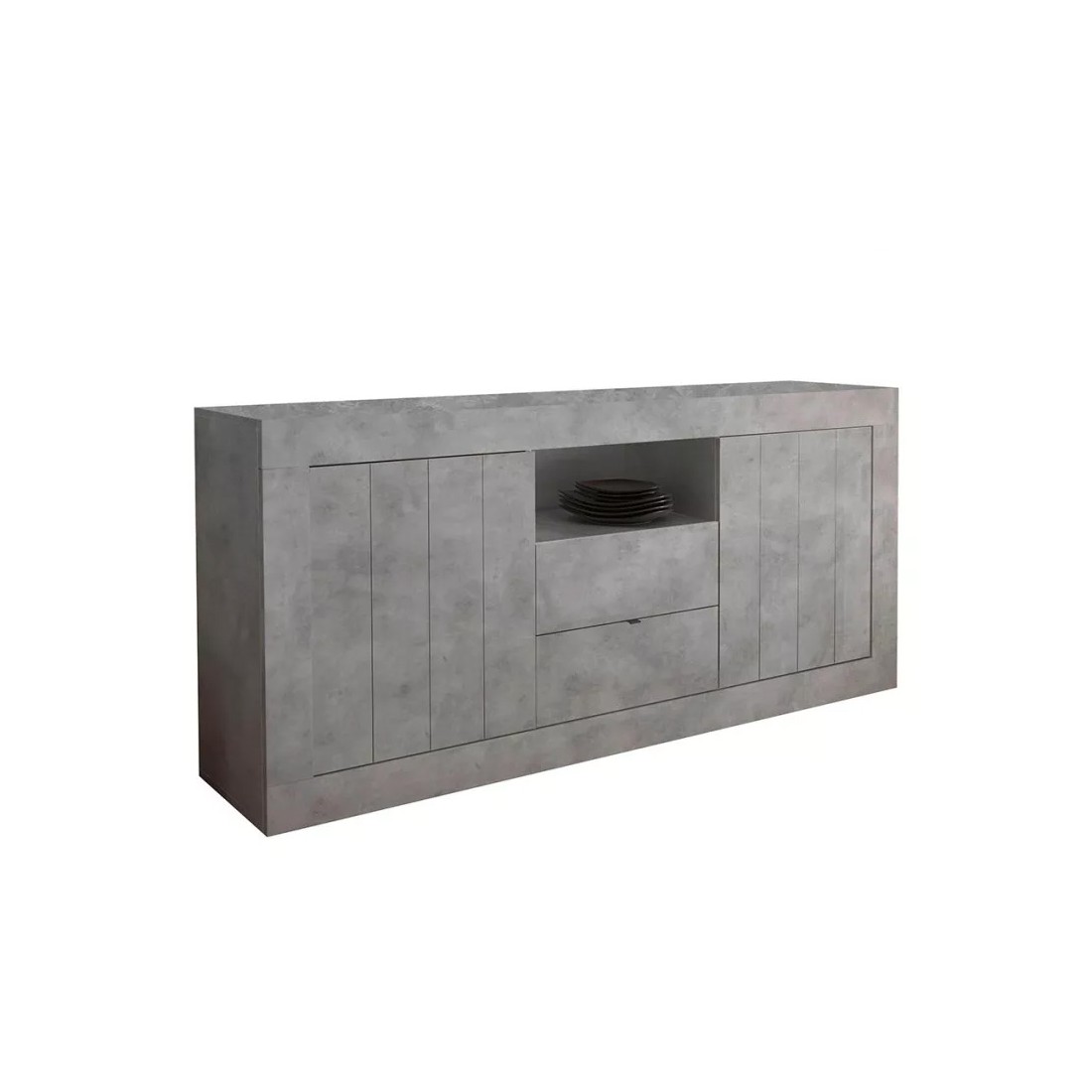 Buffet 2 portes battantes 2 tiroirs en bois, coloris béton, collection URBAN