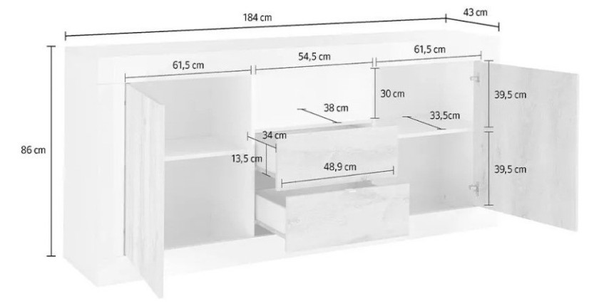 Buffet 2 portes battantes 2 tiroirs en bois, coloris gris foncé, collection URBAN