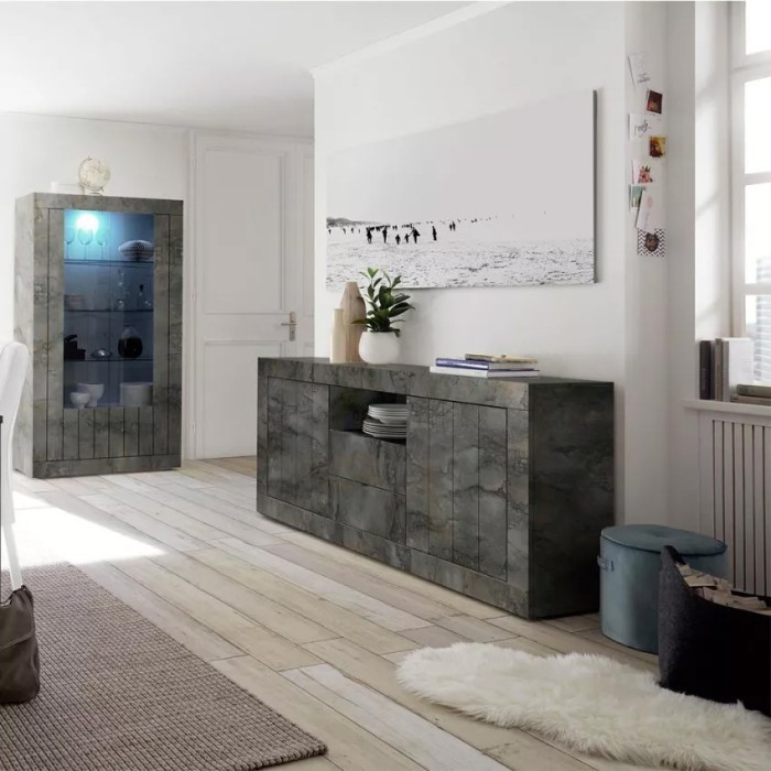 Buffet 2 portes battantes 2 tiroirs en bois, coloris gris foncé, collection URBAN