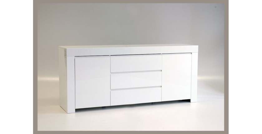 Buffet moyen 2 portes et 3 tiroirs, collection FOLOMI, coloris blanc laqué brillant