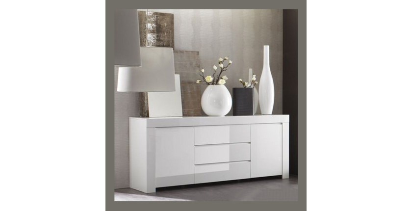 Buffet moyen 2 portes et 3 tiroirs, collection FOLOMI, coloris blanc laqué brillant