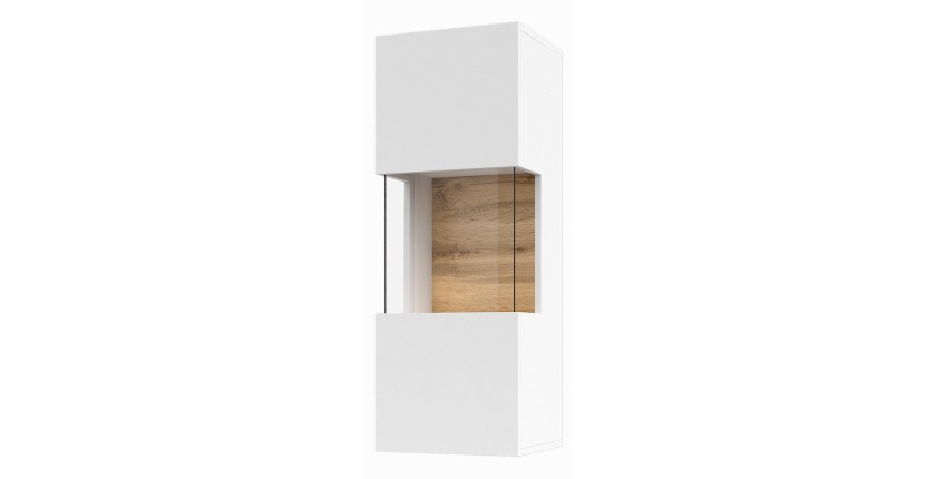 Piccola vetrina sospesa 1 porta parzialmente vetrata collezione EVA. Colore bianco opaco e rovere.