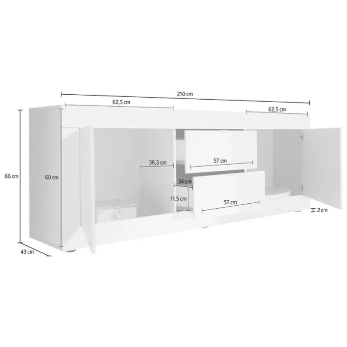 Buffet 2 portes et 2 tiroirs, collection ISORA, coloris blanc laqué brillant et chêne clair