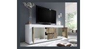 Buffet 2 portes et 2 tiroirs, collection CISA, coloris blanc laqué brillant et chêne clair