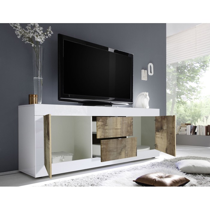 Buffet 2 portes et 2 tiroirs, collection ISORA, coloris blanc laqué brillant et chêne clair