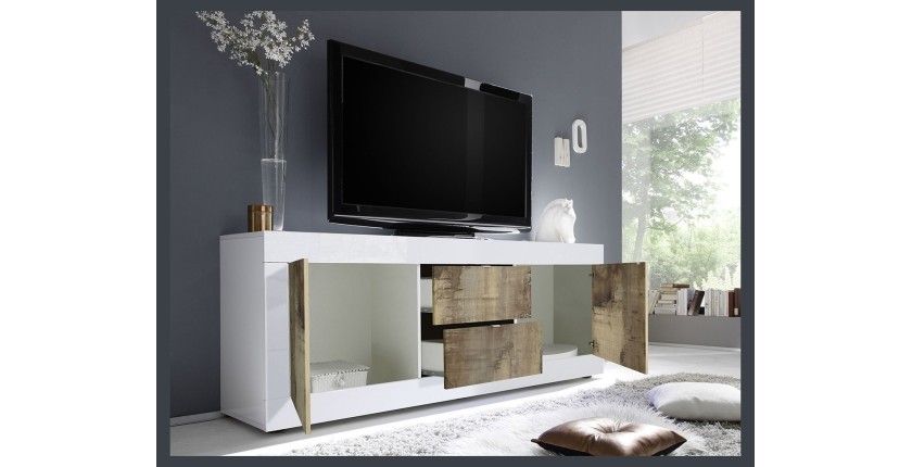 Buffet 2 portes et 2 tiroirs, collection CISA, coloris blanc laqué brillant et chêne clair