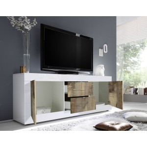 Buffet 2 portes et 2 tiroirs, collection CISA, coloris blanc laqué brillant et chêne clair
