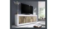 Buffet 2 portes et 2 tiroirs, collection CISA, coloris blanc laqué brillant et chêne clair