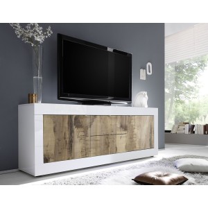 Buffet 2 portes et 2 tiroirs, collection CISA, coloris blanc laqué brillant et chêne clair