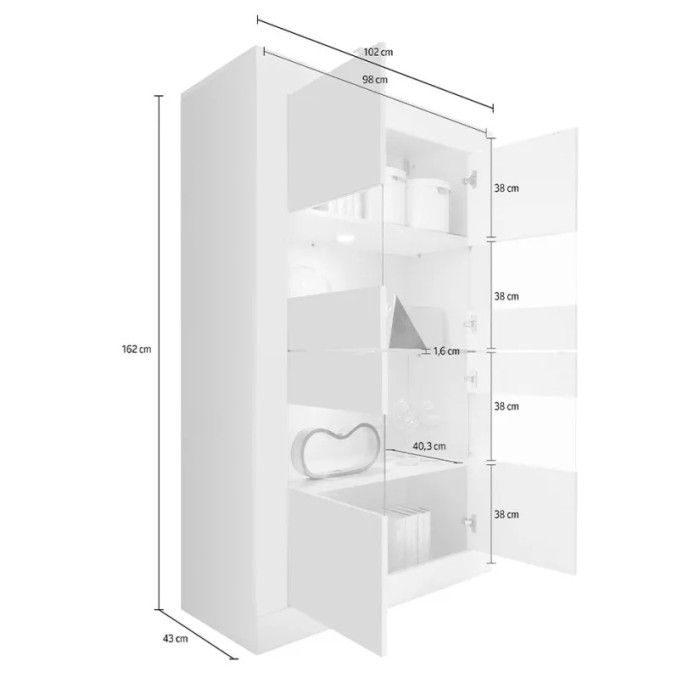 Vetrina 4 porte in vetro senza illuminazione, collezione ISORA, colore bianco lucido lacato