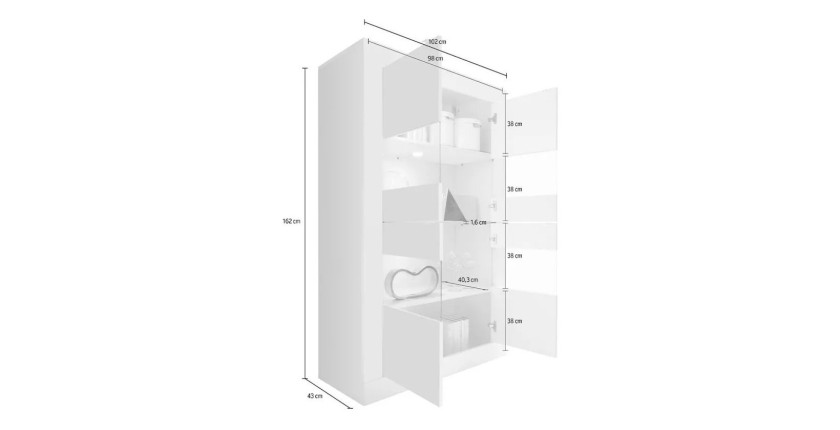 Vitrine 4 portes en verre sans éclairage, collection CISA, coloris blanc laqué brillant