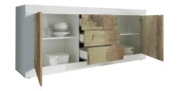 Buffet 2 portes et 3 tiroirs, collection CISA, coloris blanc et chêne clair