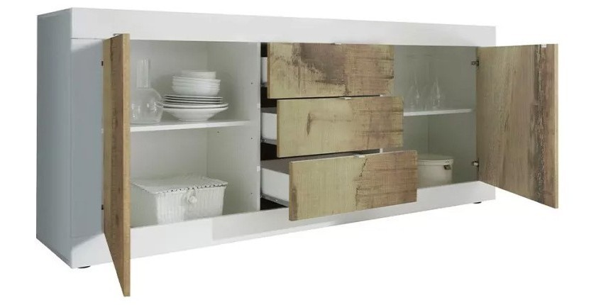 Buffet 2 portes et 3 tiroirs, collection CISA, coloris blanc et chêne clair