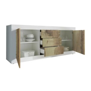Buffet 2 portes et 3 tiroirs, collection CISA, coloris blanc et chêne clair