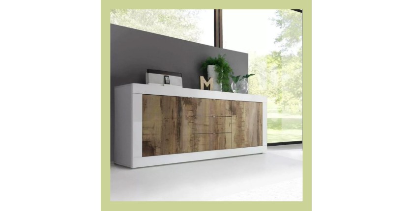 Buffet 2 portes et 3 tiroirs, collection CISA, coloris blanc et chêne clair