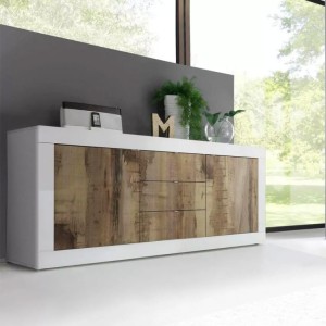 Buffet 2 portes et 3 tiroirs, collection CISA, coloris blanc et chêne clair