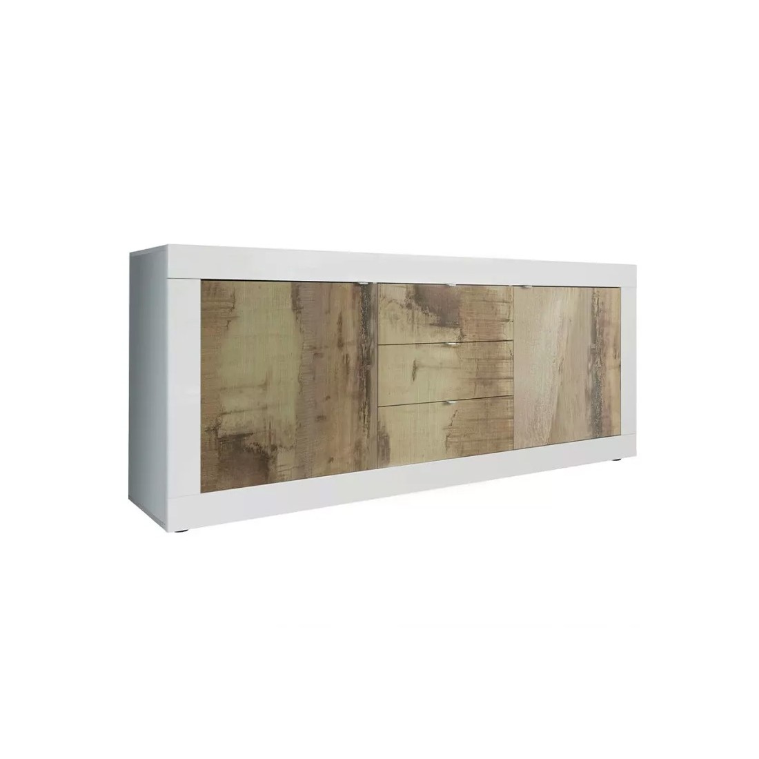 Buffet 2 portes et 3 tiroirs, collection CISA, coloris blanc et chêne clair