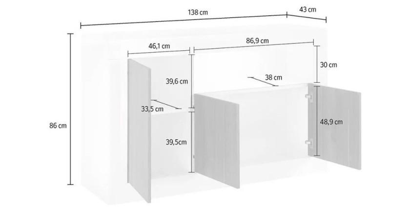 Buffet 3 portes battantes en bois, coloris béton, collection URBAN
