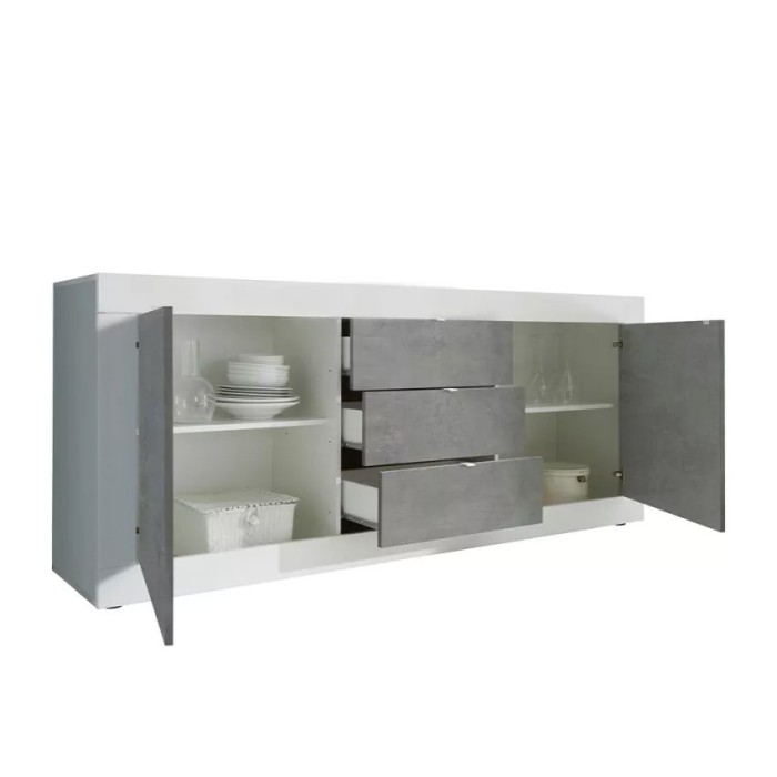 Buffet 2 deuren en 3 laden, collectie ISORA, kleur wit en grijs betoneffect