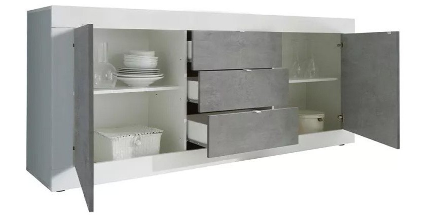 Buffet 2 portes et 3 tiroirs, collection ISORA, coloris blanc et gris effet béton