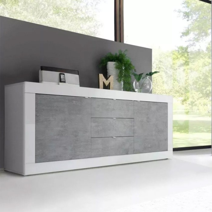 Buffet 2 portes et 3 tiroirs, collection ISORA, coloris blanc et gris effet béton