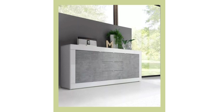 Buffet 2 portes et 3 tiroirs, collection ISORA, coloris blanc et gris effet béton