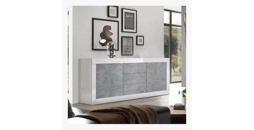 Buffet 2 portes et 3 tiroirs, collection ISORA, coloris blanc et gris effet béton