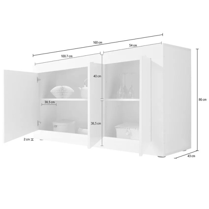 Buffet 3 ante, collezione ISORA, colore bianco lucido lacato