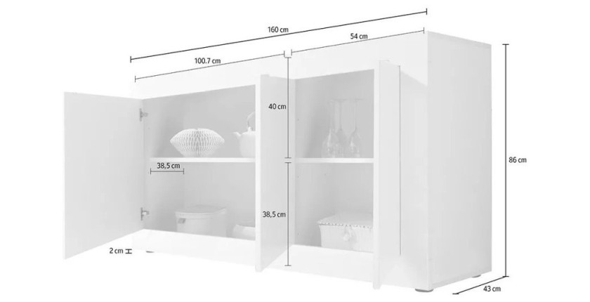 Buffet 3 portes, collection ISORA, coloris blanc laqué brillant
