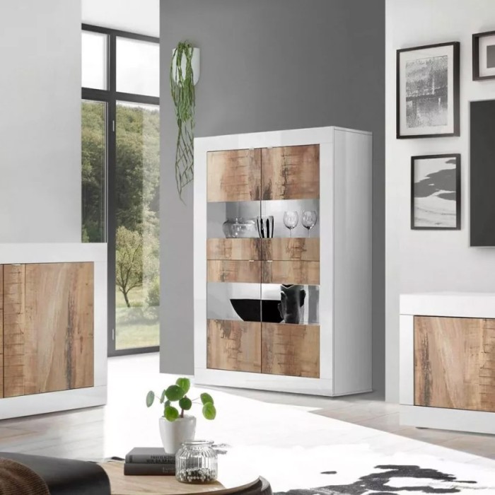 Vetrina 4 porte, collezione ISORA, color bianco lucido laccato e rovere chiaro