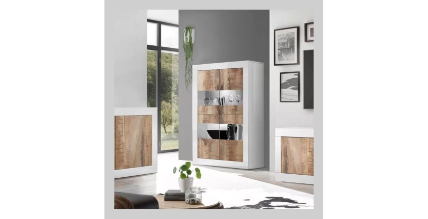 Vitrine 4 portes, collection CISA, coloris blanc laqué brillant et chêne clair