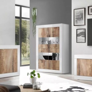 Vitrine 4 portes, collection CISA, coloris blanc laqué brillant et chêne clair