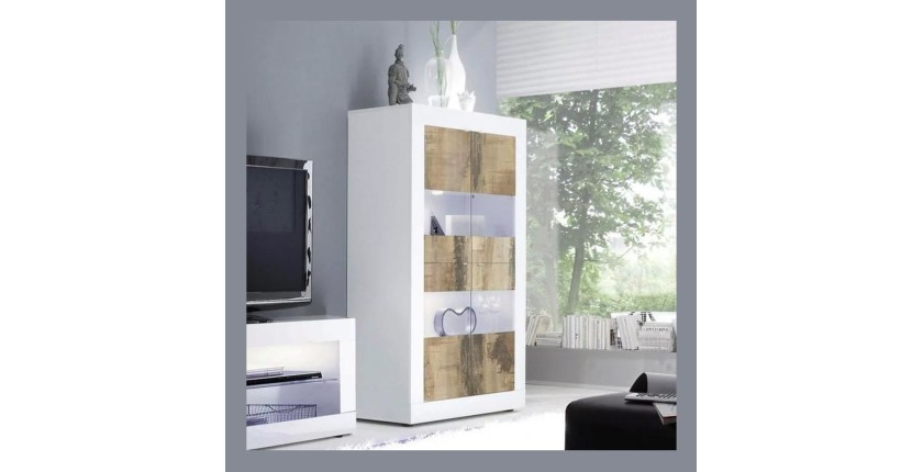 Vitrine 4 portes, collection CISA, coloris blanc laqué brillant et chêne clair