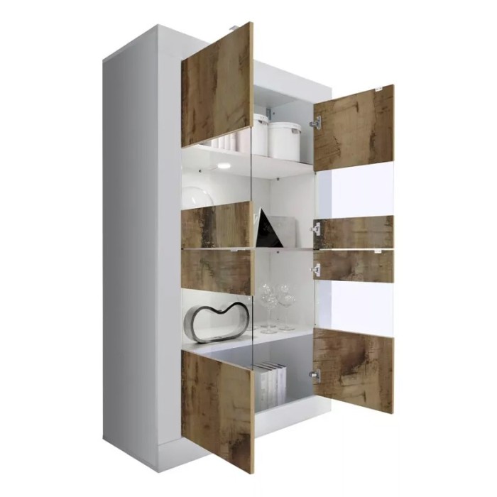Vetrina 4 porte, collezione ISORA, color bianco lucido laccato e rovere chiaro