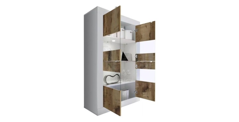 Vitrine 4 portes, collection CISA, coloris blanc laqué brillant et chêne clair