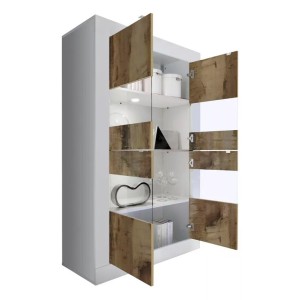 Vitrine 4 portes, collection CISA, coloris blanc laqué brillant et chêne clair