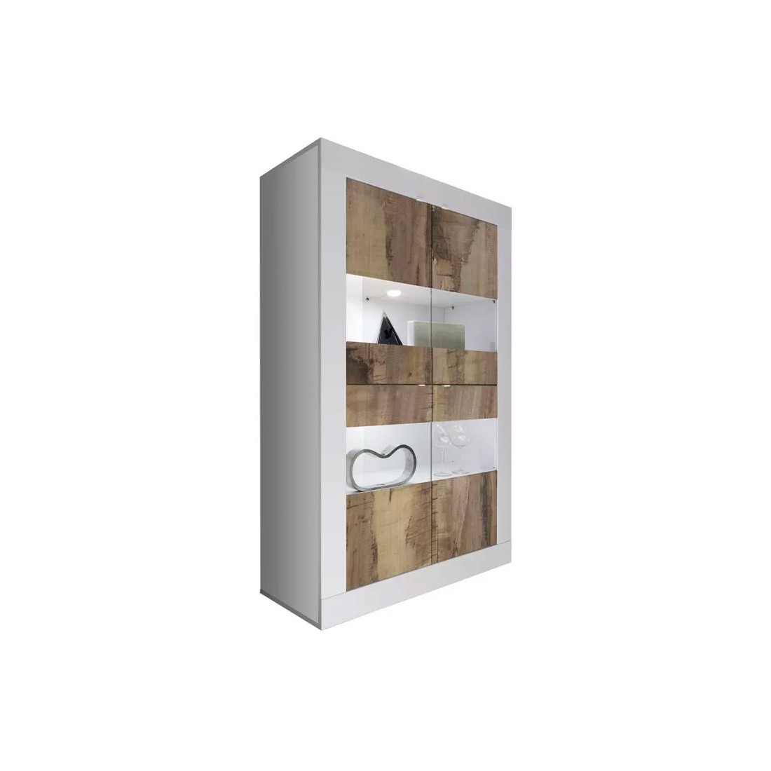 Vitrine 4 portes, collection CISA, coloris blanc laqué brillant et chêne clair