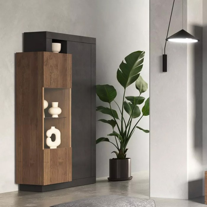 Vetrina 2 porte collezione DOMI. Colori grigio antracite e quercia scura