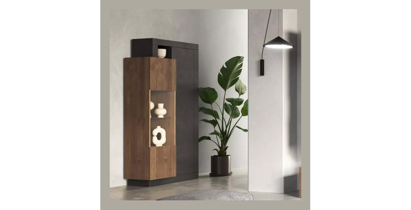 Vitrine 2 portes collection DOMI. Coloris gris anthracite et chêne foncé
