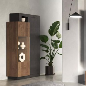 Vetrina 2 porte collezione DOMI. Colori grigio antracite e rovere scuro.