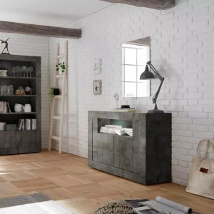 Buffet 2 portes battantes en bois, couleur gris foncé, collection URBAN