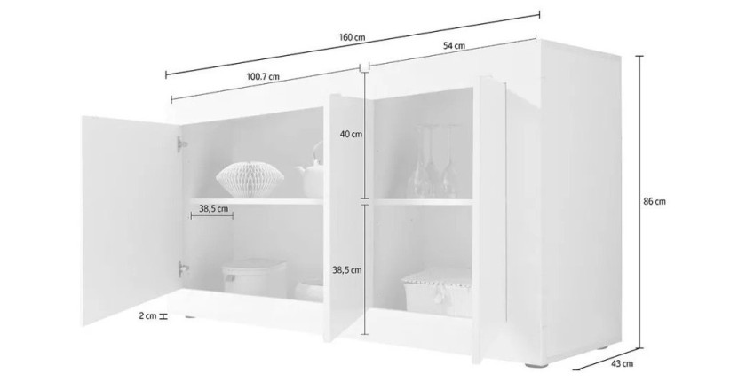 Buffet 3 portes, collection CISA, coloris blanc et gris effet béton, idéal pour votre salon ou salle à manger
