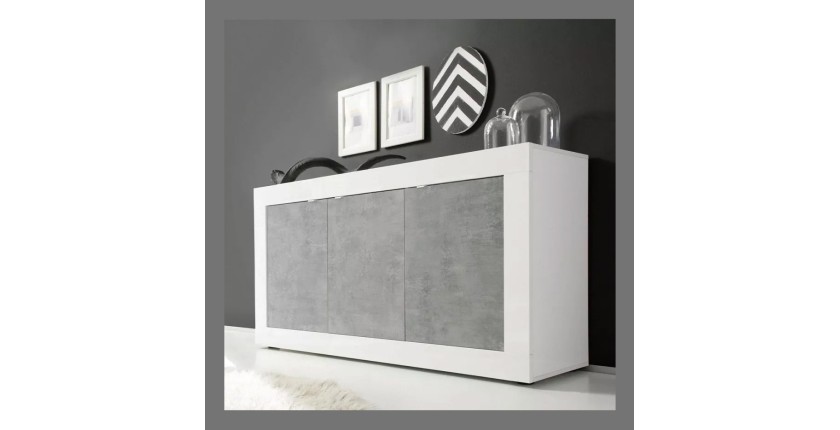 Buffet 3 portes, collection CISA, coloris blanc et gris effet béton, idéal pour votre salon ou salle à manger