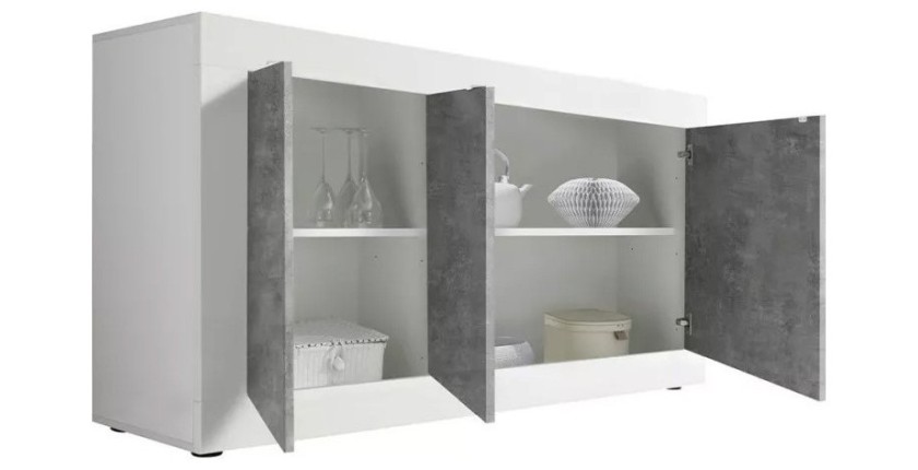 Buffet 3 portes, collection CISA, coloris blanc et gris effet béton, idéal pour votre salon ou salle à manger