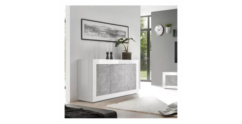 Buffet 3 portes, collection CISA, coloris blanc et gris effet béton, idéal pour votre salon ou salle à manger