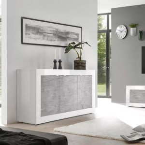 Buffet 3 portes, collection CISA, coloris blanc et gris effet béton, idéal pour votre salon ou salle à manger