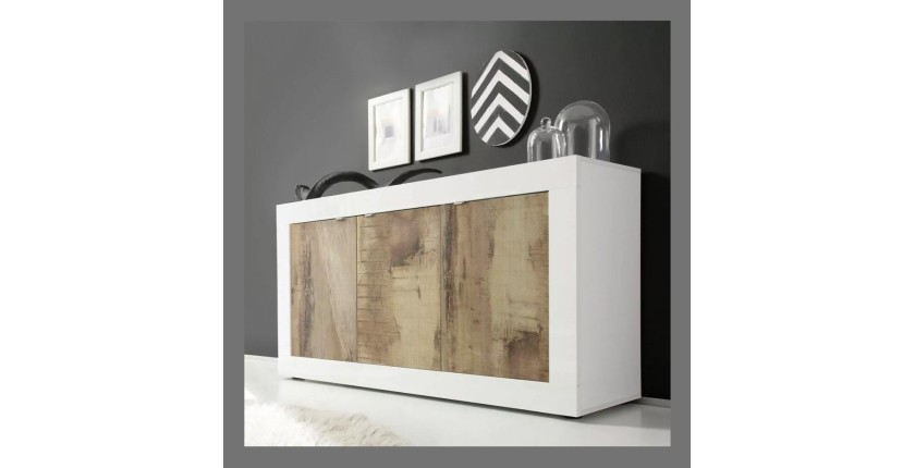 Aparador de 3 puertas, colección CISA, en colores blanco y roble claro, ideal para su salón o comedor.