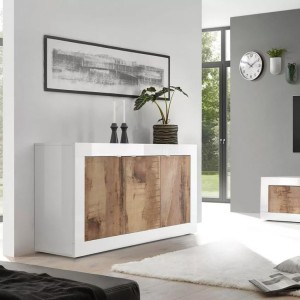 Aparador de 3 puertas, colección CISA, en colores blanco y roble claro, ideal para su salón o comedor.