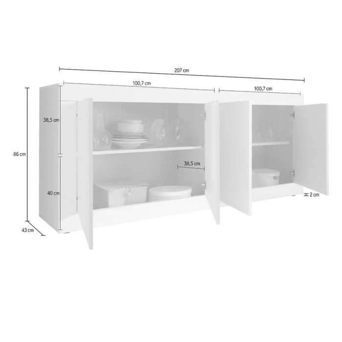 Buffet 4 deuren, collectie ISORA, glanzend wit gelakt/licht eiken, ideaal voor moderne woonkamer