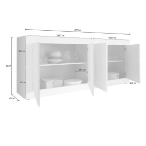 Buffet 4 portes, collection CISA, blanc laqué brillant/chêne clair, idéal pour salon moderne
